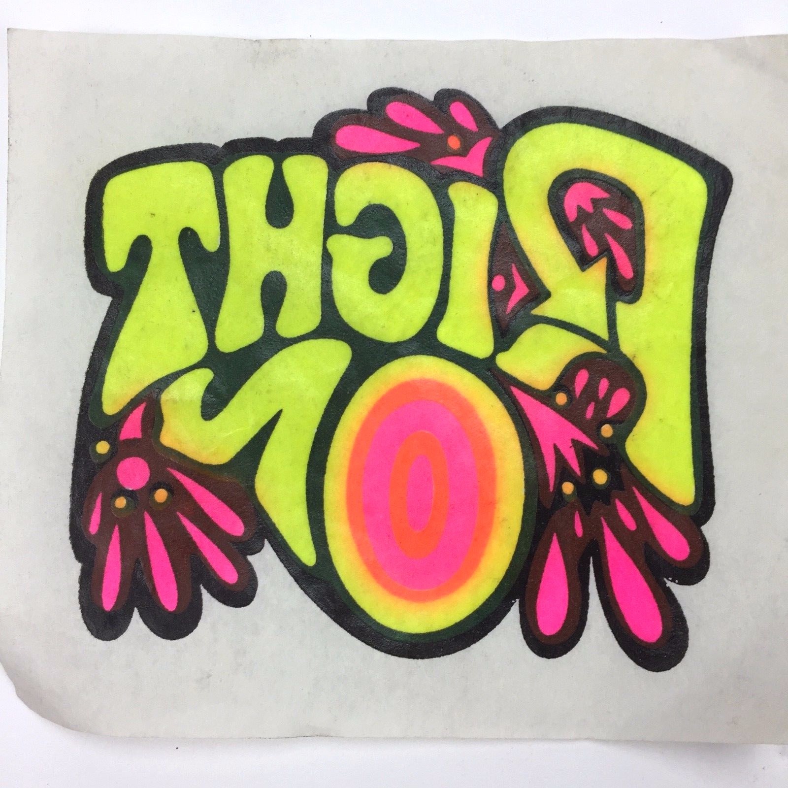 Vintage Iron-Ons, Day-glow RIGHT ON Peace Symbol, Paper Vellum T-shirt Transfer