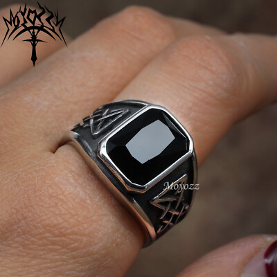 Fashion Mens Plated Stainless Steel Black Obsidian Stone Ring Men Size 7-15 Gift
