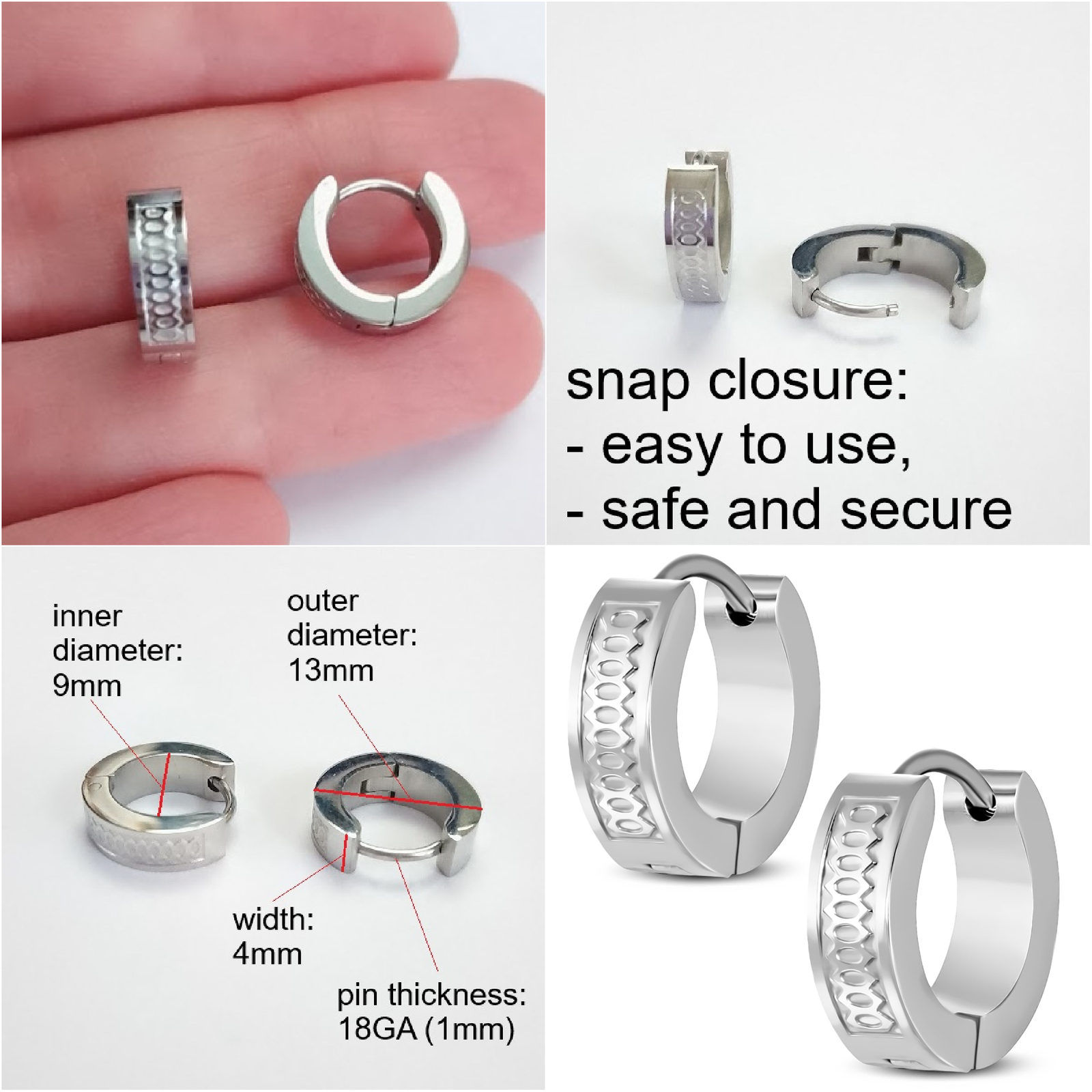 Pair 4 x 13mm Unisex Huggie Hoop Earrings * Engraved Infinity * Stainless Steel