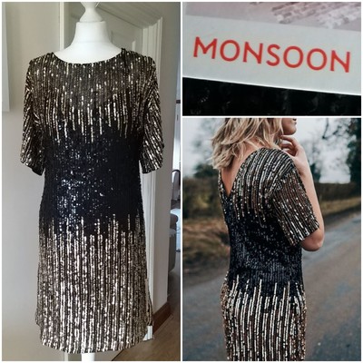 BNWT - MONSOON size 16 Jana Black / Gold Sequin Hand Embellished Party Dress