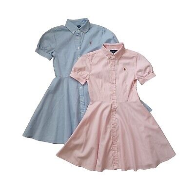 2 Ralph Lauren Girls Dress 10 Pink Blue Button Up Flare Puff Button Short Sleeve