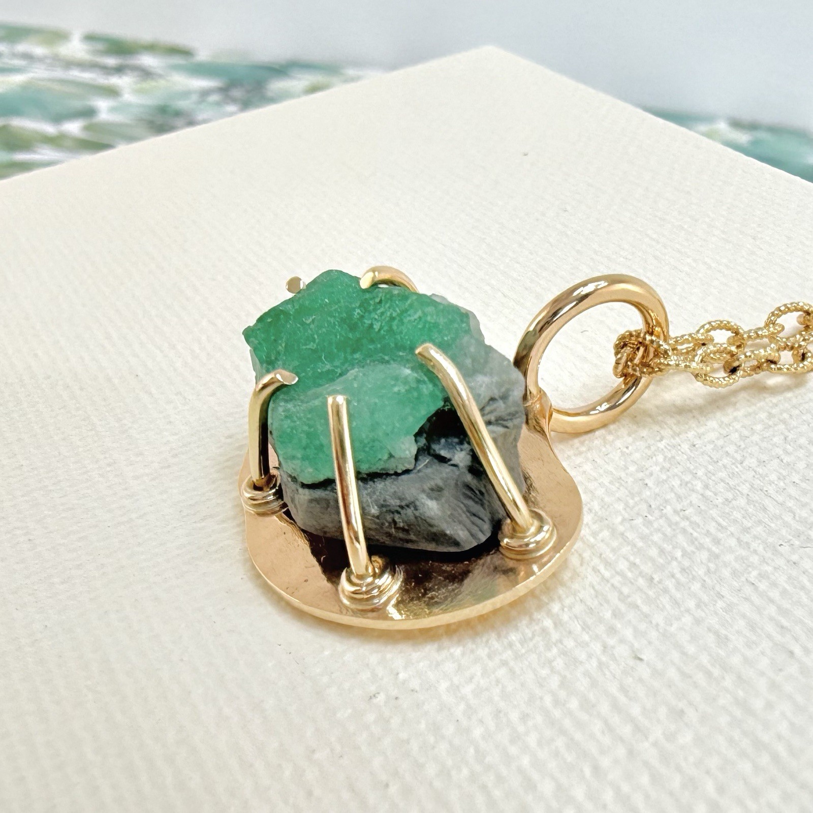 14k Yellow Gold Genuine Emerald Rough Freeform Modernist Pendant, New, Unisex - Picture 6 of 11