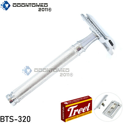 Chrome Long Handle Open Double Edge Safety Reusable Razor + Free Blades BTS-320
