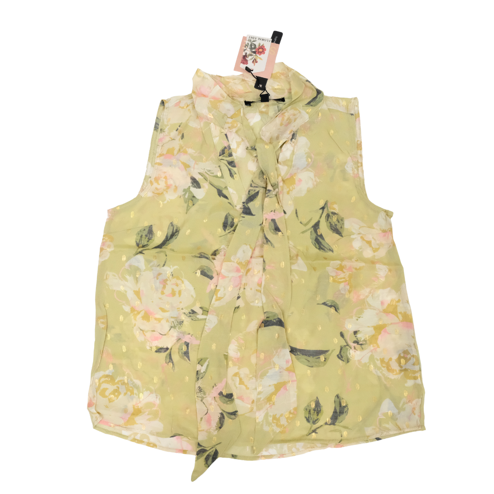 Harve Benard Sleeveless Blouse Top Green Floral Tie Front Size SMALL