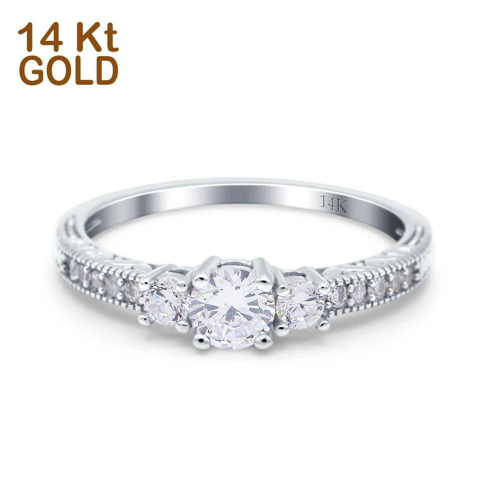 Pre-owned Blueappleco 14k White Gold Round Three Stone Bridal Wedding Engagement Ring Simulated Cz In Silver