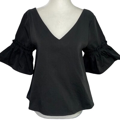 New Hers & Mine Double V Neck Blouse Ruffle Flare Sleeve Shirt Black Size Small
