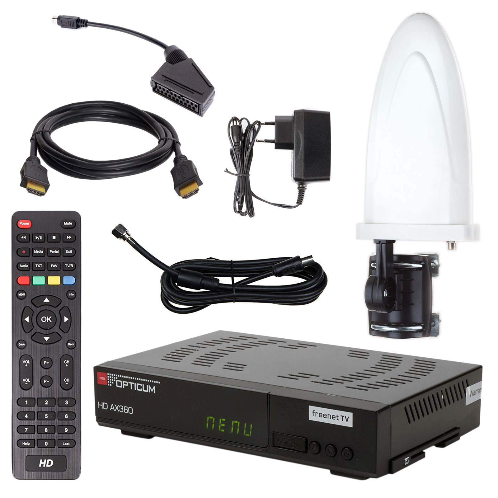 DVB-T2 Receiver FULL HD TV terrestrisch RED Opticum HD AX360 HEVC + Antenne 30dB