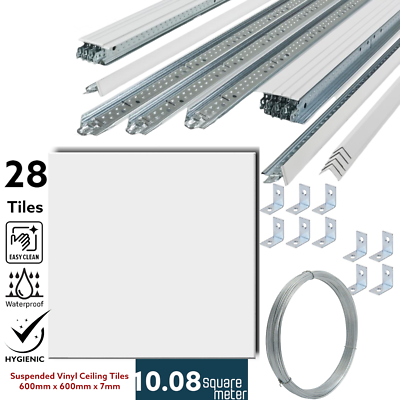 10m2 Suspended Ceiling Tiles Vinyl Easyclean Wipable & Grid System 600mm x 600mm