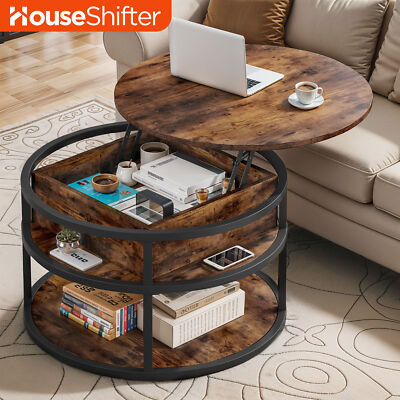 Round Lift Top Coffee Table Open & Hidden Shelf Storage Pet Friendly Living Room