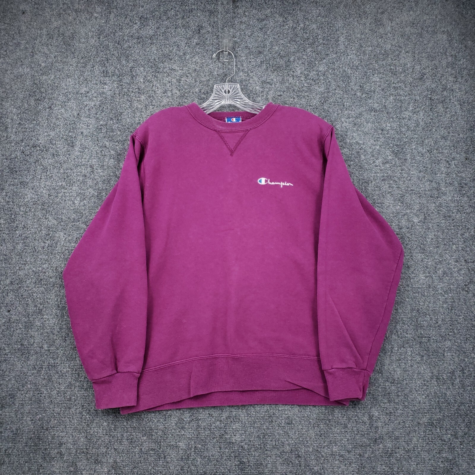 VINTAGE Champion Sweatshirt Women Large Purple Spell Out Fleece Crew Neck USA 80