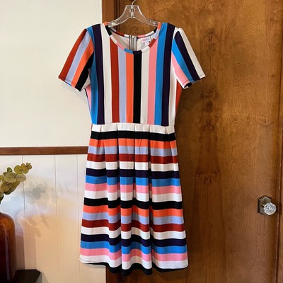 LULAROE | Striped Amelia Dress Multicolor Pink Vertical Fit & Flare Pockets Sz M