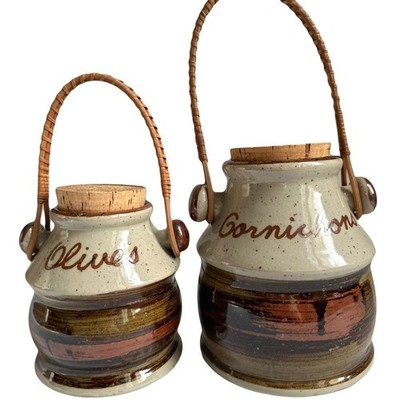 Vintage Rustic Ceramic Olive and Cornichon Jars with Wicker Ha...