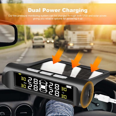 Wireless Solar TPMS LCD Car Tire Pressure Monitoring System W/4 External Sensors