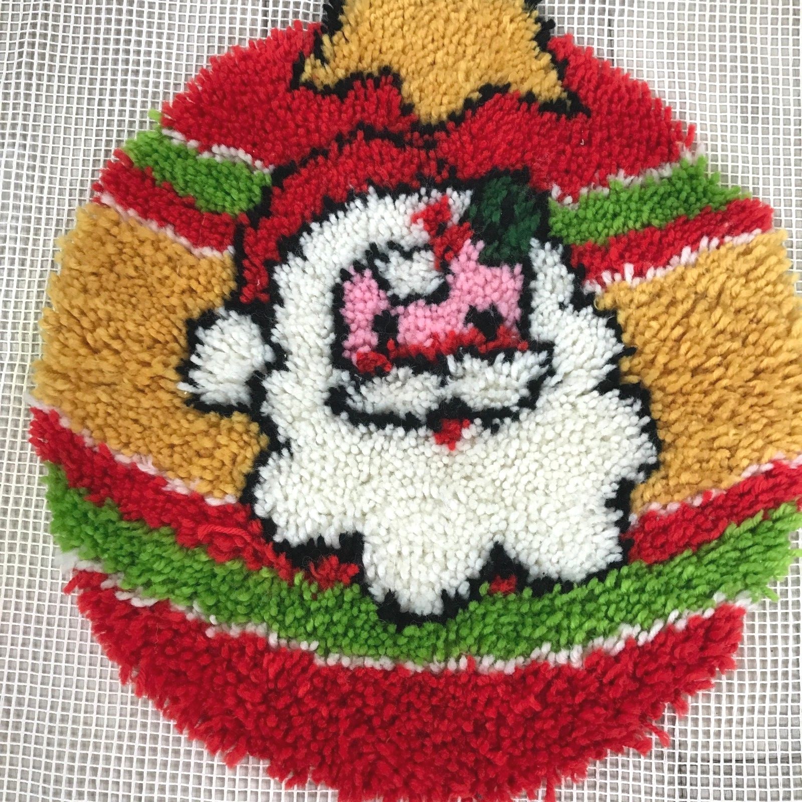 Vintage Latch Hook Rug Finished Wall Hanging Santa on Ornament 19 X 21