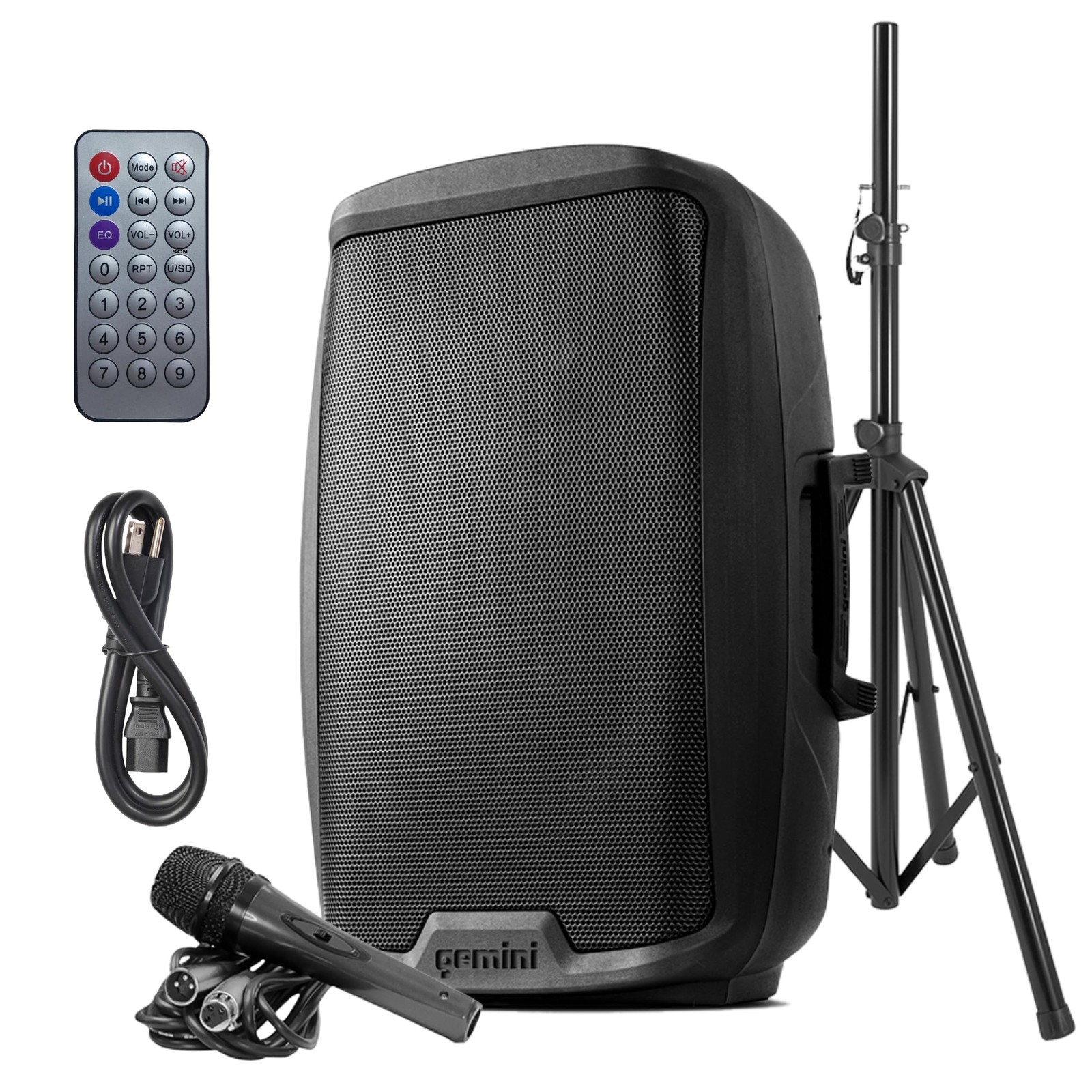 Gemini 2000W Bluetooth PA Speaker with Stand – 15” Powered Loudspeaker with USB,