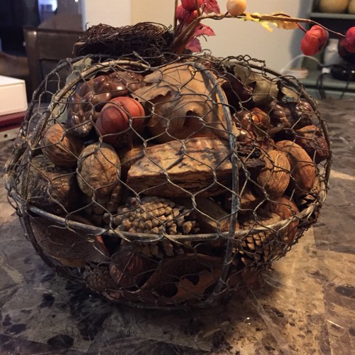 Filled Fall Pumpkin Shaped Wire Cage 10 inch diam x 7 inch tall Potpourri Holder