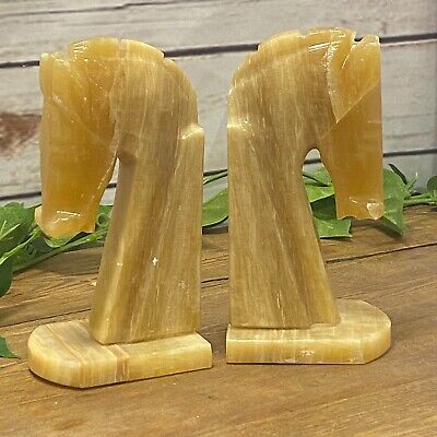 Knight Trojan Horse Head Carved Onyx Marble Stone Bookends Set Book End VTG