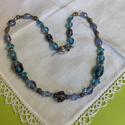 Hand Crafted Blue Glass Silver Tone 20'' Beaded Necklace BB-45