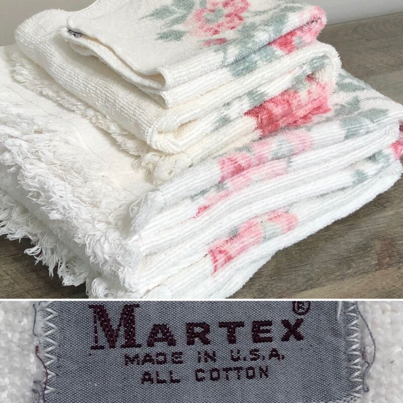 Vintage 4 Piece MARTEX Pink Floral (2) Bath Towel (1) Hand Towel (1) Washcloth