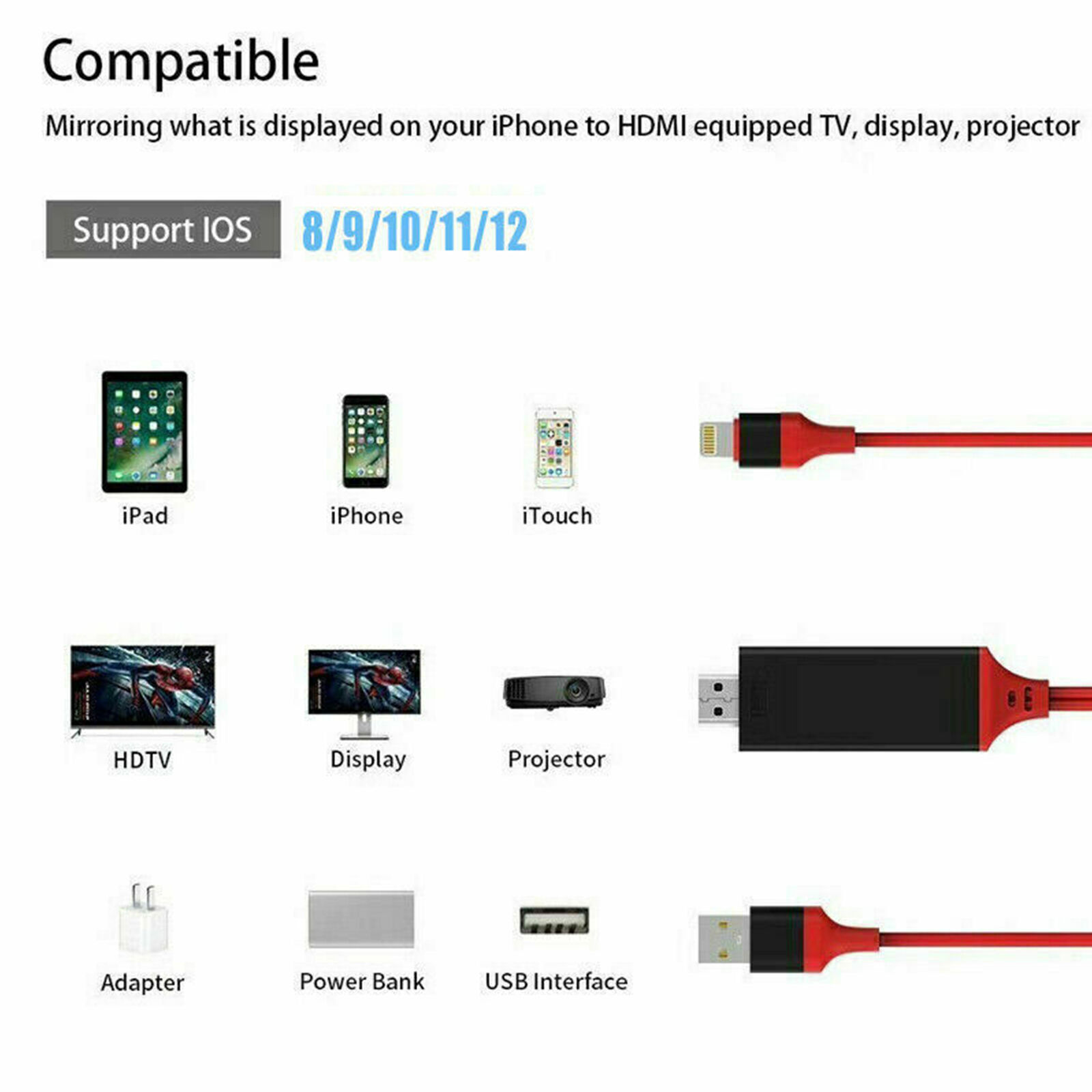HDMI HDTV 1080P AV Adapter Cable for iPad iPhone 7 8 Plus X XS XR 11 12 Pro Max