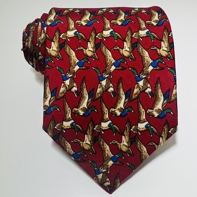 Joseph A Bank Red Silk Tie With Ducks In Flight 57 X 3.75  LNWOT