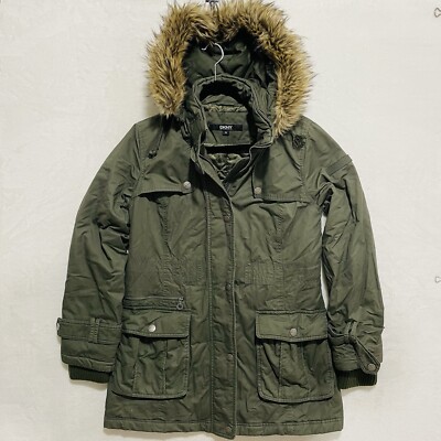 DKNY Women's Faux Fur Trim Hood Jacket Coat Puffer Belted Size M Green Winter