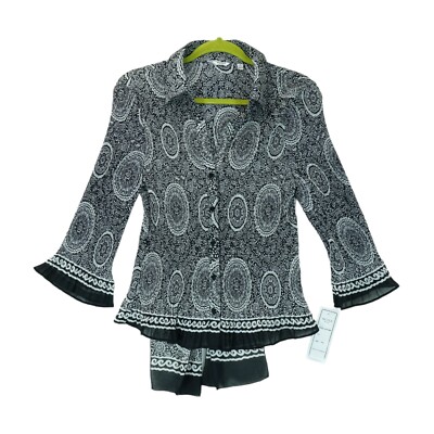 NWT Nicola Womens Shirt Long Sleeve Black White Sheer Accent Patterned Sz PXL