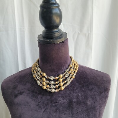 Vintage Gorgeous Beige Tan Gold Layered Bead Necklace 13'' + 4'' Rhinestones 