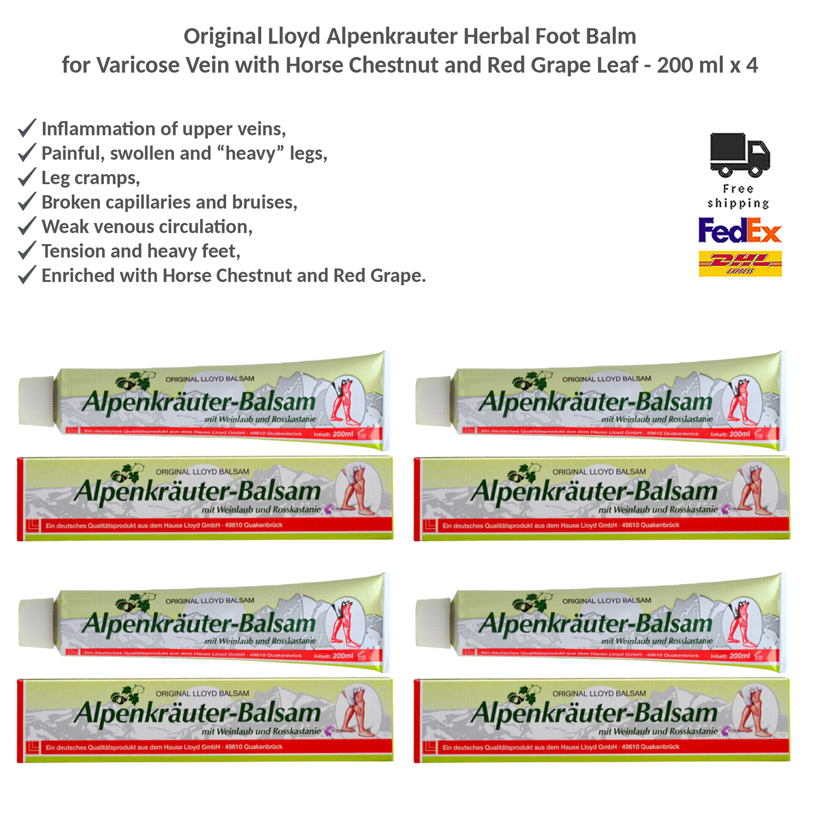 Original Lloyd Alpenkrauter Horse Chestnut Foot Balm for Varicose Vein 4x200ml
