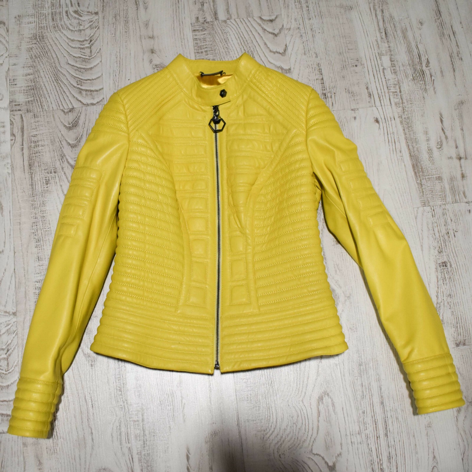 Pre-owned Philipp Plein Women's Genuine Leather Yellow Quilted Lambskin Jacket