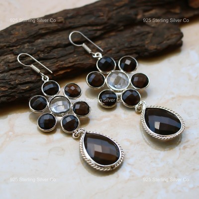 Oval Smoky Quartz Stone Sterling Silver Birthday Dangling Sister Unique Earrings