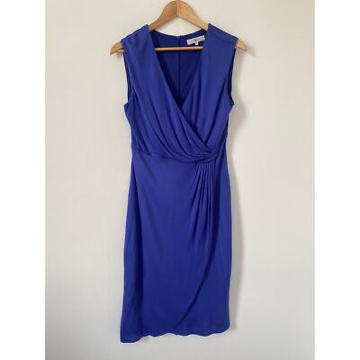 Issa London Dress 14 Blue Jersey Sleeveless Pleat Drape V Neck Knee Length