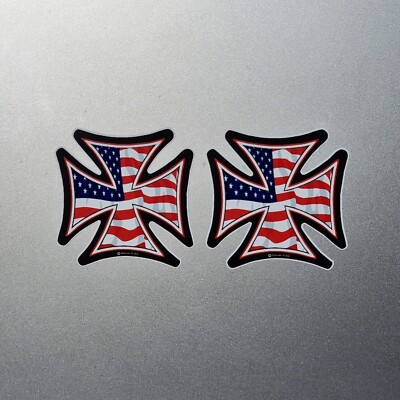2x USA American Flag Iron Cross Vinyl Sticker Decal For Car Van Helmet 55x55mm