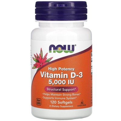 Now Foods Высокоэффективный витамин D-3 5 000 МЕ 120 капсул с гарантией качества GMP,