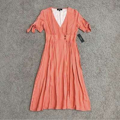 Lulus Dress Womens Size XS Sunshine Dreamer Coral Pink Striped Wrap Midi