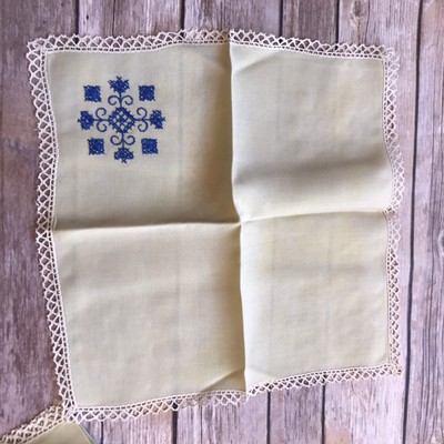 Vintage Hand Embroidered In Blue Pale Green Linen Luncheon Napkins Lot Set 4