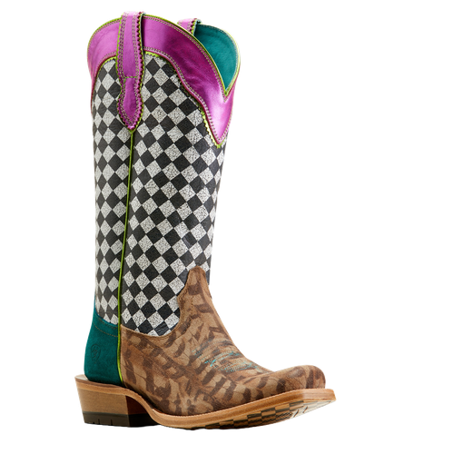 Pre-owned Ariat Ladies Futurity Checkered Hashtag Western Boot 10051022 In Black, White, Pink