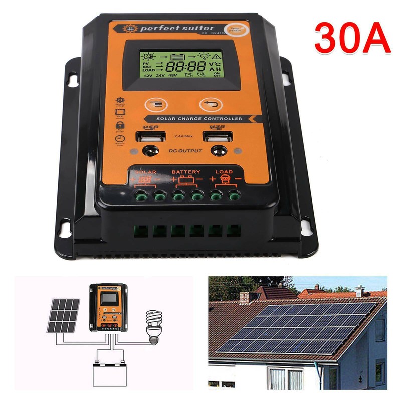30A Solarregler-Laderegler PWM 12V/24V Auto USB Dual USB LCD Solarregler