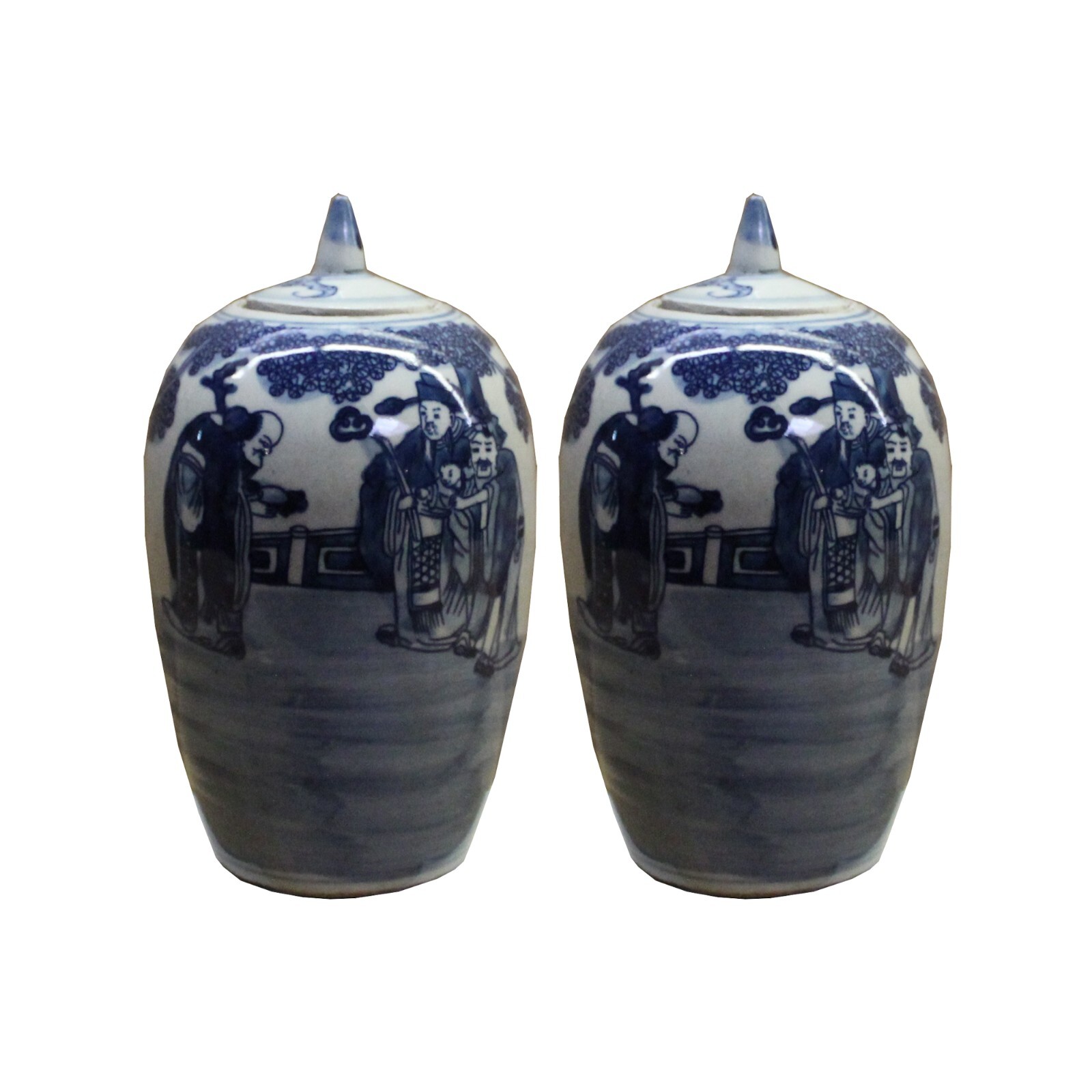 Lot of 2 Blue White Small Oriental Graphic Porcelain Point Lid Jars ws108S Lot of 2 Blue White Small Oriental Graphic Porcelain Point Lid Jars ws108S