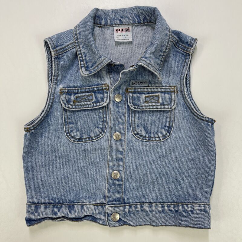 Vtg 90’s Guess Childs Denim Vest Blue Jean Faded Wash Pockets Snaps Size Small 