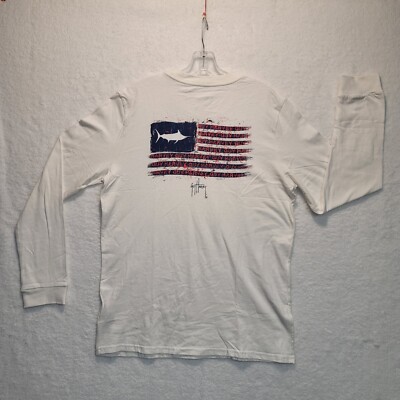 NWT Guy Harvey Fishing Mens M 100% Cotton Long Sleeve T Shirt American Flag USA