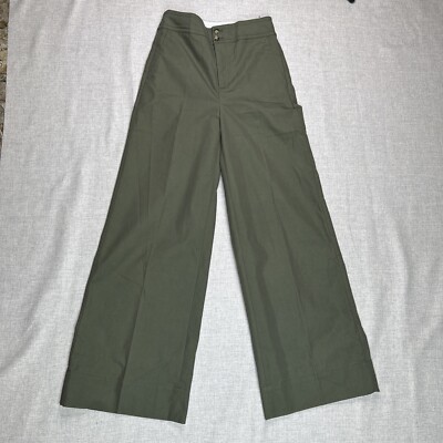 J Crew Pants Women Sz 2 Wide Leg Olive Green High Waist Frankie Pockets Twill