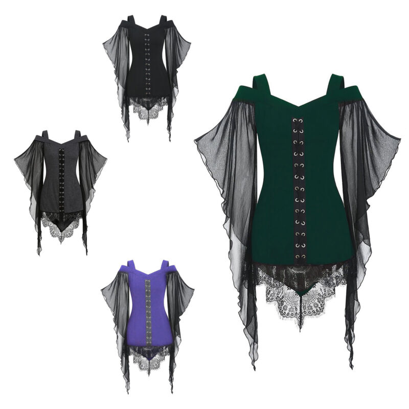 Womens Tops Victorian Costume Retro Shirts Medieval T-shirts Sexy Blouse Witch