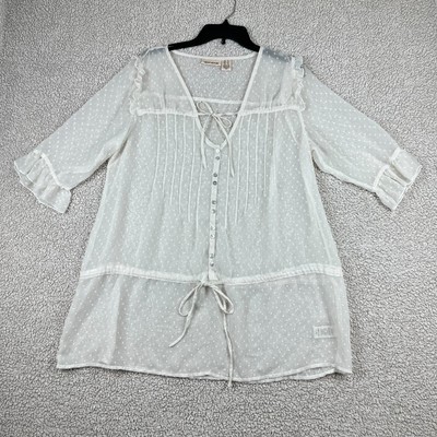DKNY Jeans Women's Shirt White Polka Dot Button Ruffles Front Size XL
