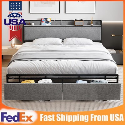 Full Queen Size Bed Frame with 2 Storage Drawers Upholstered Headboard Platform