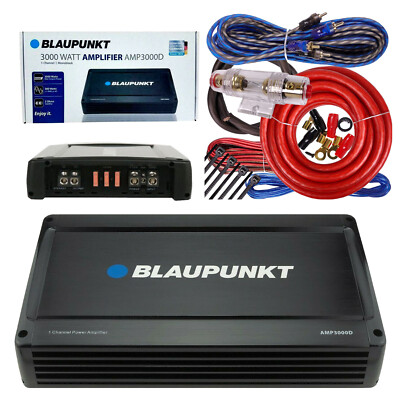 Blaupunkt AMP3000D 3000W Monoblock Class D Stereo Car Audio Amp + 4 Ga Amp Kit