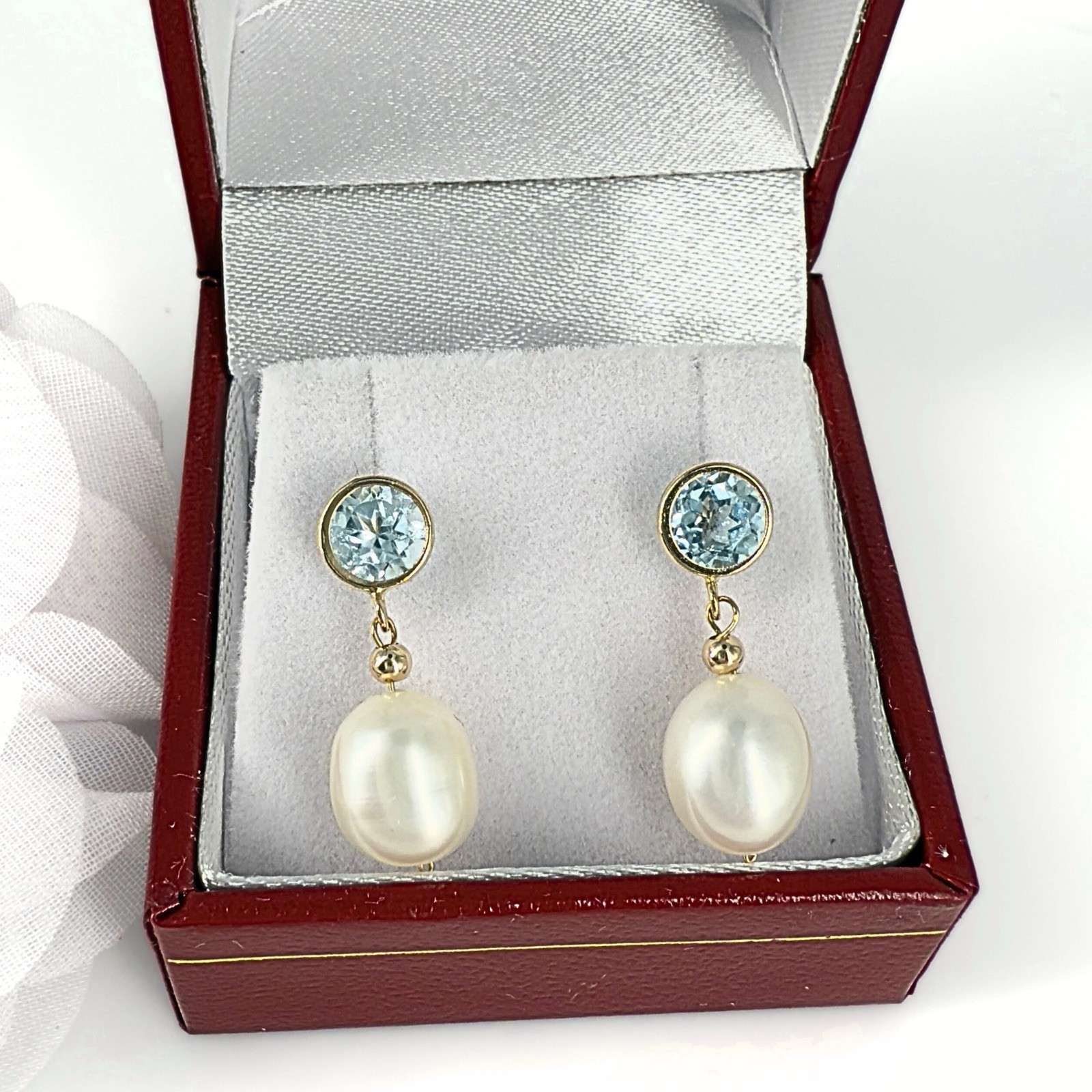 14k Yellow Gold Sky Blue Topaz & Genuine Cultured Pearl Dangle/Drop Earrings - Picture 7 of 8
