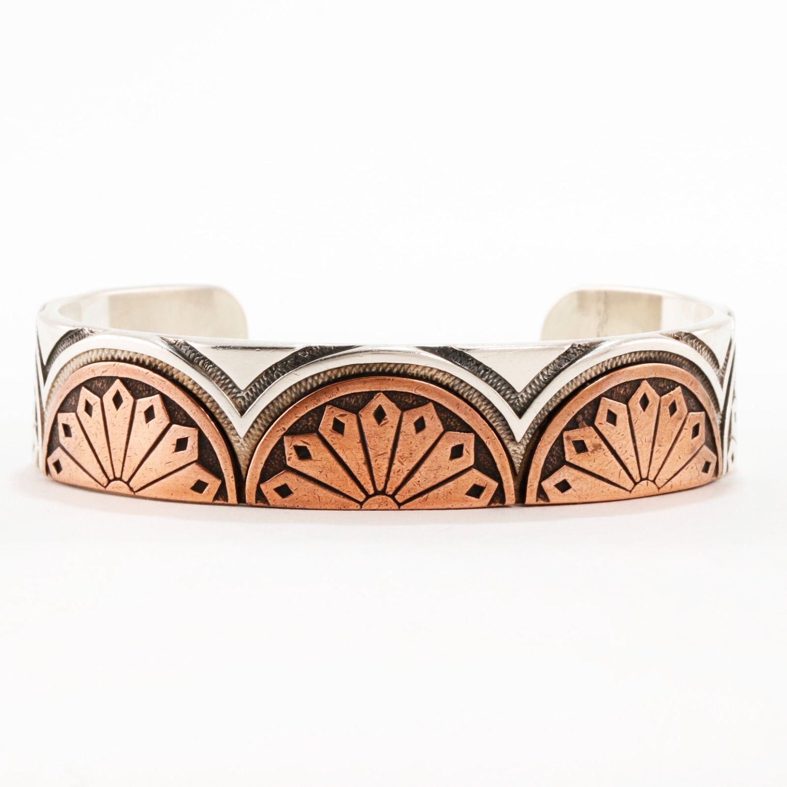 VINTAGE KJI DESIGNER STERLING COPPER STAMPED CUFF BRACELET