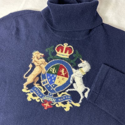 Vtg Ralph Lauren Crest Coat of Arms Wool Cashmere Sweater Navy Lion Unicorn SzPM