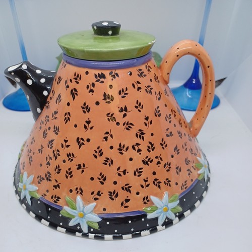 ★DE MERIEL★ Betty PetitSilver BETTYPETIT Mary Engelbreit Very Mary Daisy Dots Peach & Green Teapot